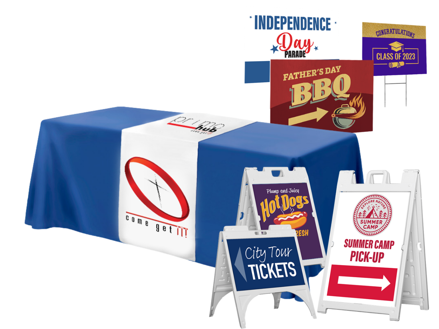 Custom table cover, yard signs and sidewalk signs