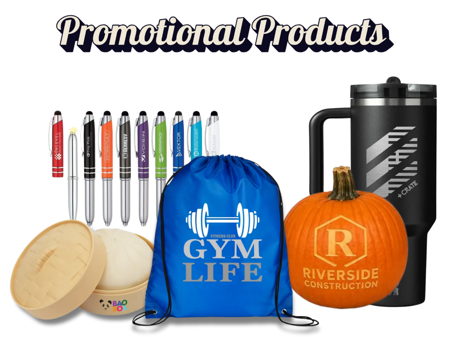 Promotional pens, drawstring bag, drinkware and branded giveaways